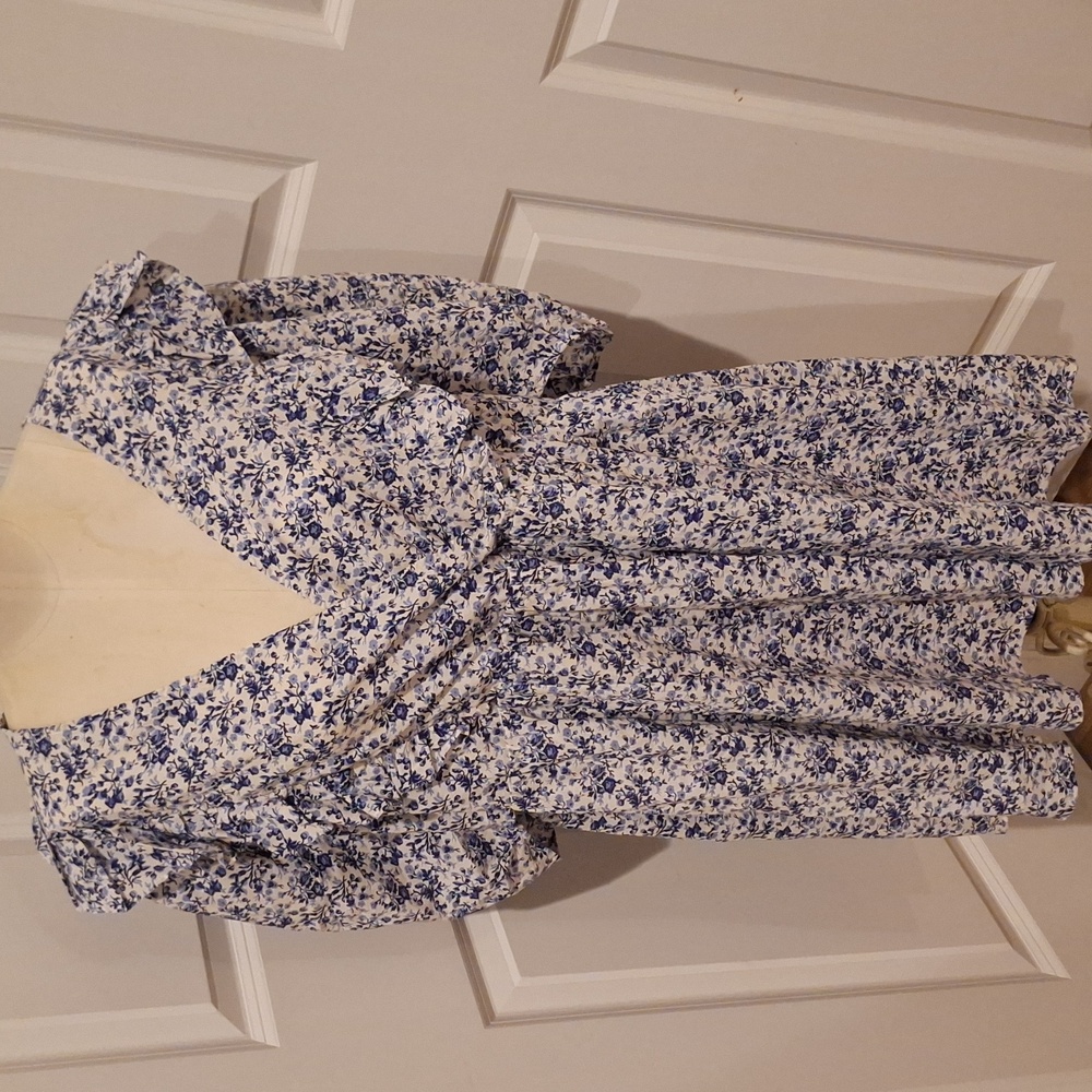H&M Ruffle Wrap Dress Lg Blue Floral Puff Sleeve V-Neck Cotton Mini Preppy BW